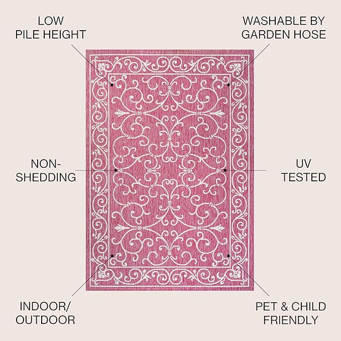 JONATHAN Y SMB106J-4 Charleston Vintage Filigree Textured Weave Indoor Outdoor Area Rug, Classic Traditional Easy-Cleaning,Bedroom,Kitchen,Backyard,Patio,Non Shedding, 4 X 6, Fuchsia/Light Gray