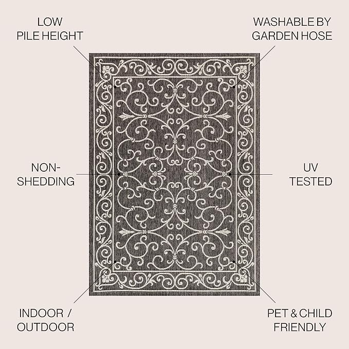 JONATHAN Y SMB106G-8 Charleston Vintage Filigree Textured Weave Indoor Outdoor Area Rug Classic Coastal Easy Cleaning Bedroom Kitchen Backyard Patio Non Shedding, 8 X 10, Black/Gray