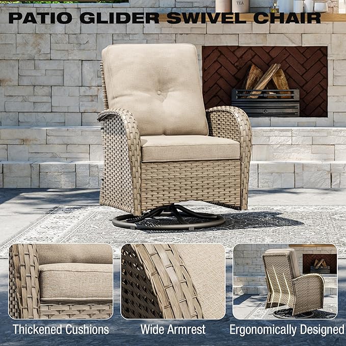 Joyside Outdoor Swivel Rocker Chairs, 6 Piece Wicker Patio Set with Thick Cushion and Side Table, Rattan Patio Swivel Rocking Chairs for Porch, Deck Use (Natural/Beige, 6 PCS)