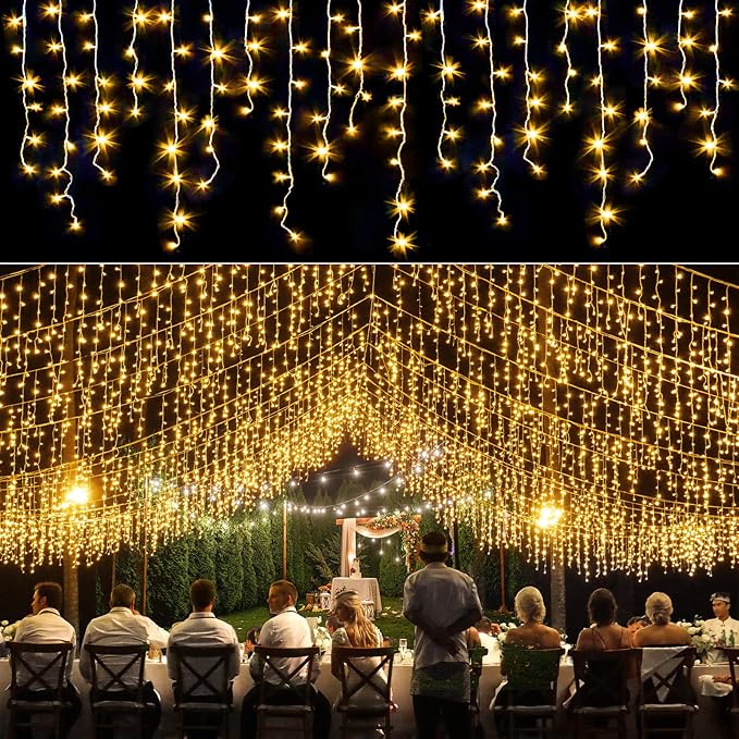 Icicle lights Outdoor - 33ft Christmas Lights with 400LED 75 Drops 8 Modes, Plug in Curtain String Lights Waterproof for Holiday Wedding Party Home Garden Bedroom Indoor Outdoor Decoration,Warm White
