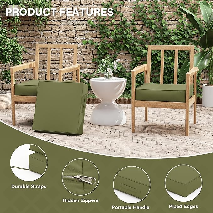 Patio Chair Cushions 19 X 19 X 4 Inch Waterproof Outdoor Seat Cushions for Patio Furniture, Outdoor Sofa Couch Pads with Ties & Handle, Set of 2, Light Green