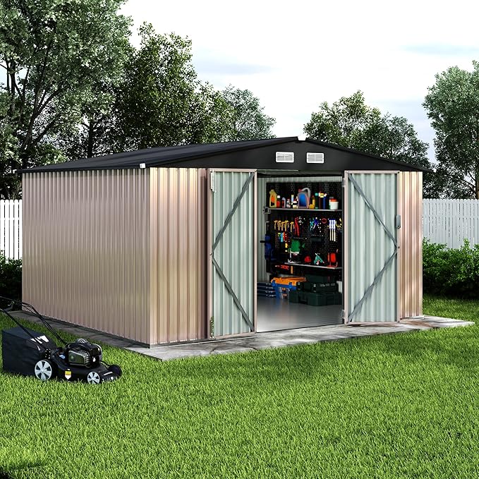 10x12 FT Metal Storage Sheds Outdoor with Floor, Metal Yard Sheds Garden Shed Kit, MetalTool Shed with Lockable Door, Metals UtilitySheds Buildings with Air Vent for Backyard Garden Patio Lawn