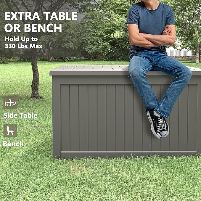 KAMABOKO 230 Gallon Outdoor Storage Box, Resin Deck Boxes Indoor and outdoor, Waterproof Storage Box Lockable Lid for Garden Tools, Package Delivery, Patio Cushions, Grey