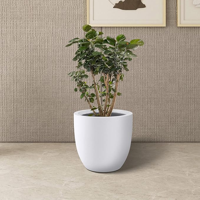Kante 14 Inch Dia Round Concrete Planter, Indoor Outdoor Large Plant Pot with Drainage Hole and Rubber Plug for Home Patio Garden, Pure White