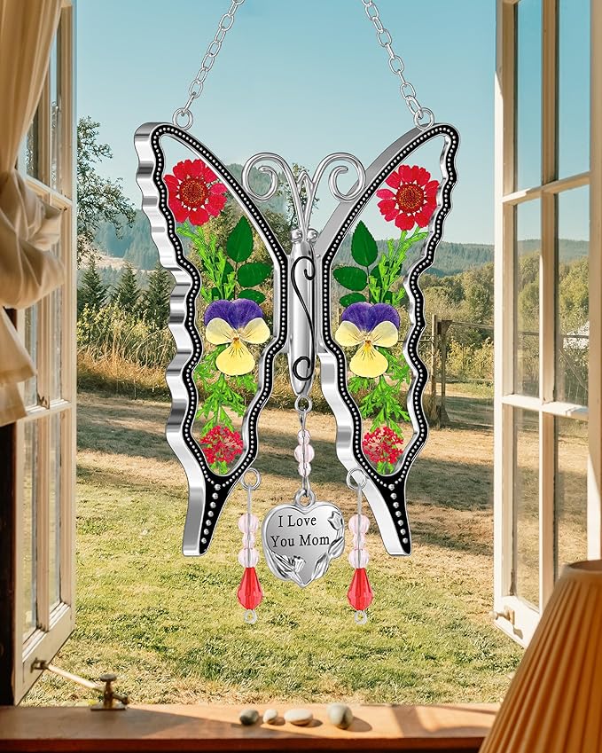 KY&BOSAM Butterfly Suncatcher Gifts for Mom for Windows Hangings I Love You Mom Pressed Flower Between Wings Glass Metal Engraved Charm Birthday Gifts for Women Mom Mother's Day Valentine's Christmas