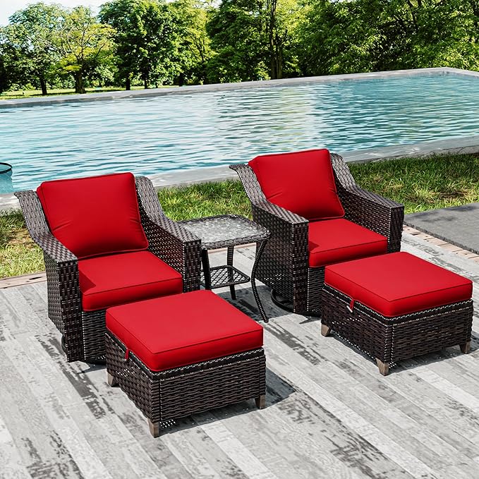 Joyside Wicker Patio Furniture Sets, 5 Pieces Upgraded Large Size Outdoor Furniture with Swivel Rocking Patio Chairs, Outdoor Ottoman and Side Table, Thick Cushions, Wide Armrest