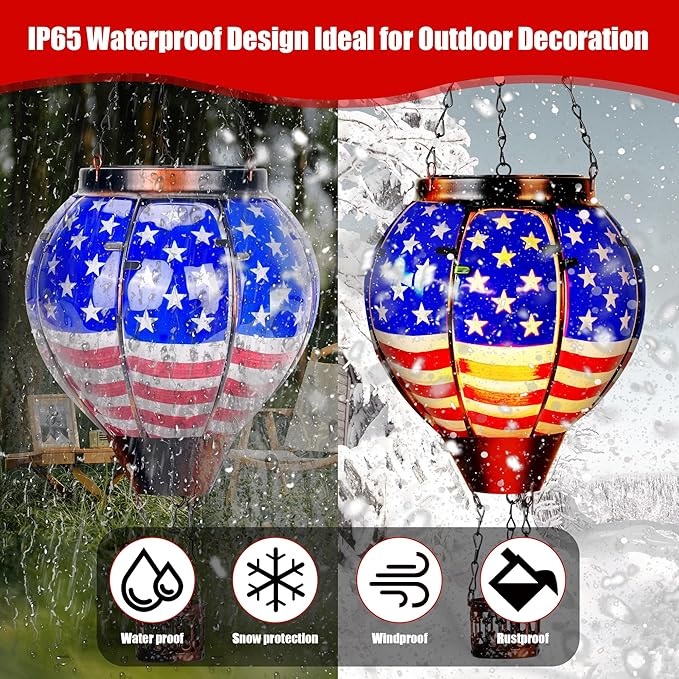 2 Pack Solar Hot Air Balloon Lantern with Flame, Hot Air Balloon Christmas Halloween Outdoor Decorations for Garden Decor, Glass Large Hanging Outdoor Decor,Solar Lantern Waterproof, Flag Decorations