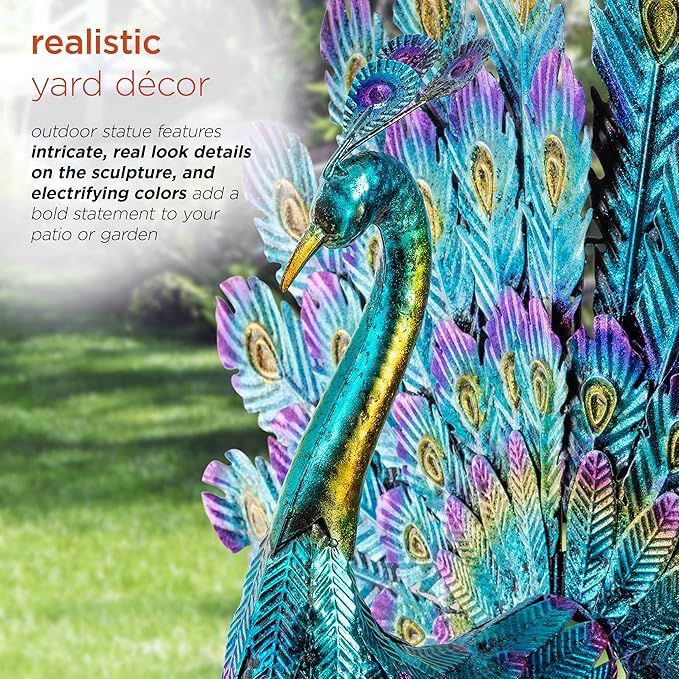 Alpine Corporation - 23" Tall Outdoor Metallic Peacock Tail Spread Yard Statue – Vibrant Garden Sculpture for Patio, Lawn, or Entryway (Multicolor)