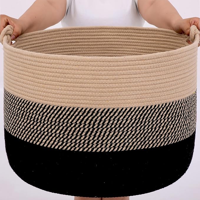 KAKAMAY Large Blanket Basket (20"x13"),Woven Rope Baskets for storage Baby Laundry Hamper, Cotton Rope Blanket Basket for Living Room, Laundry, Nursery, Pillows,Baby Toy chest (Jute/Black)