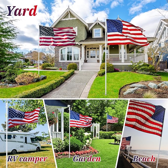 2 Pack Ground Flag Pole for Outside House - 8.5 FT Tangle Free Heavy Duty Flag Pole Kit with Windproof Stand,Outdoor Inground Flag Holder for Yard Garden, Includes Bonus 3x5 American Flag, White