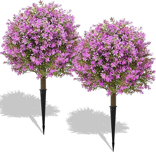 28" Artificial Boxwood Topiary Tree Purple, Set of 2 UV Resistant Fake Evergreen Shrubs Bushes with Ground Spike, Realistic Plants for Outdoor Indoor Front Porch Garden Home Decor