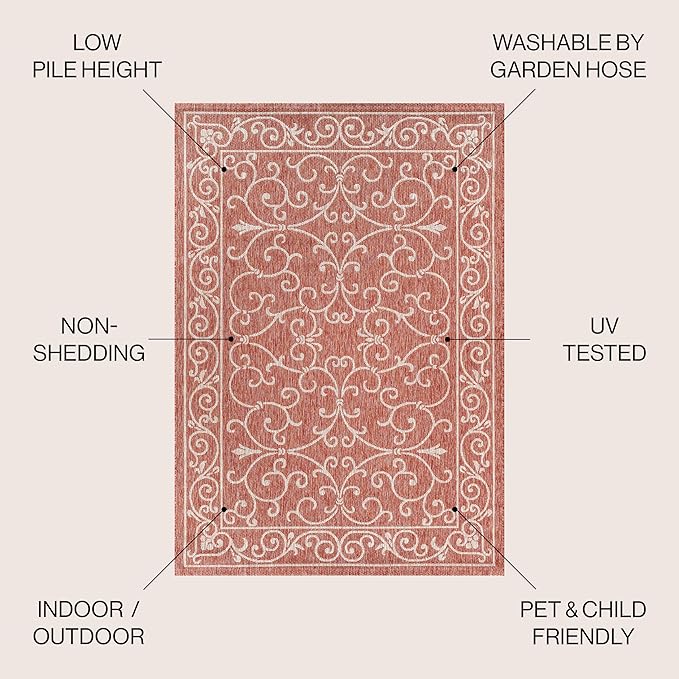 JONATHAN Y SMB106B-9R Charleston Vintage Filigree Textured Weave Red/Beige 9' Round Indoor/Outdoor Area Rug, Pet Friendly, Non-Shedding, Stain Resistant, Easy-Cleaning for Backyard, Patio, Porch