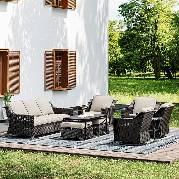 Joyside Wicker Patio Furniture Sets, 9 Pieces Upgraded Large Size Outdoor Furniture with Swivel Rocking Patio Chairs, Patio Dining Chair, 3-Seat Sofa, Outdoor Ottoman, Coffee Table, Thick Cushions