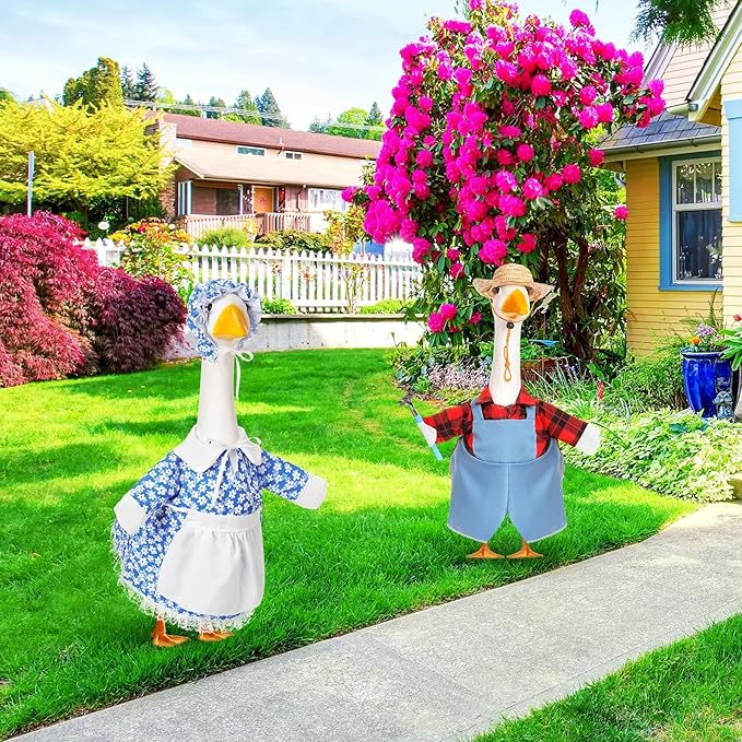 2 Set Spring Goose Outfit Blue Lawn Porch Goose Cloths Farmer Plastic Goose Costume for 23" Cement Goose Spring Outdoor Patio Yard Lawn Decoration