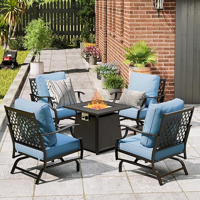 Patio Furniture Set with Fire Pit Table, 5 Pcs Metal Outdoor Conversation Set, 4 Rocking Chairs with 5.75" Extra Thick Cushion and 28" Fire Pit Table for Backyard Deck, Blue