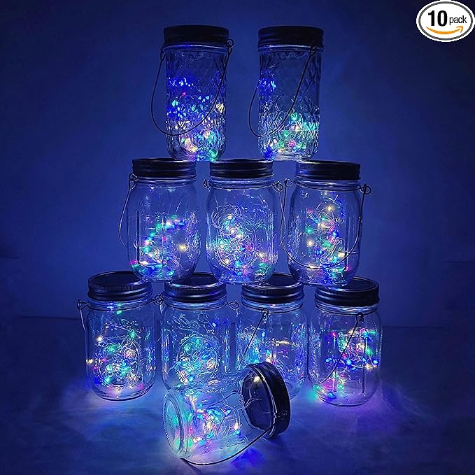 Decorman Solar Mason Jar Lights, 10 Pack 30 LED Fairy Star Firefly String Lids Lights with 10 Hangers for Patio Yard Garden Party Wedding Christmas Decoration(Jars Not Included) (10 Pack, Colorful)