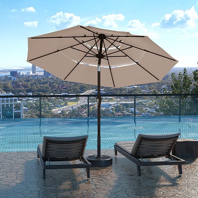 Kingdura 10ft 3-Tier Patio Umbrella, Outdoor Table Umbrella with Easy Crank & Tilt, 8 Reinforced Ribs, UV Protection for Deck, Pool, Market, Backyard (Beige)