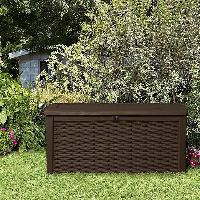 Keter Outdoor Storage Deck Box, for Patio, Backyard & Garden, Borneo, 110 Gallon, Brown - Lockable, Organizing, and Waterproof Plastic Container Bench