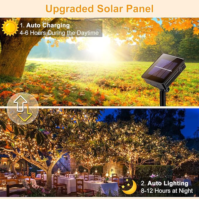 2 Pack Solar String Lights for Outside, Each 40Ft 120 LED Solar Lights Outdoor, 8 Modes Waterproof Solar Powered Twinkle Light for Backyard Patio Tree Party Garden Wedding Decoration, Warm White