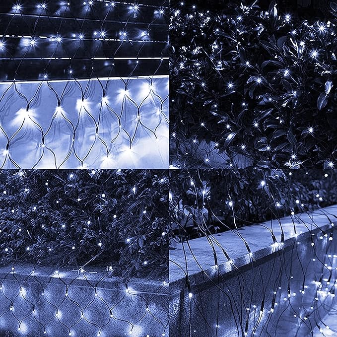Dazzle Bright Christmas Net Lights, 360 LED 12FT x 5 FT Green Wire Waterproof Connectable String Lights with 8 Modes, Christmas Outdoor Lights for Bush Garden Party Wedding Holiday Decoration (White)