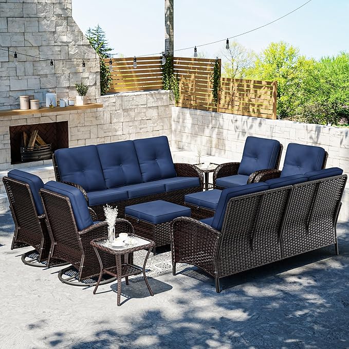 Joyside 10 Piece Patio Furniture Set, Outdoor Wicker Conversation Sets with Swivel Rocker Chairs and Sofa, Thick Cushion, Rattan Patio Sectional for Porch, Deck Use (Brown/Blue, 10 PCS)