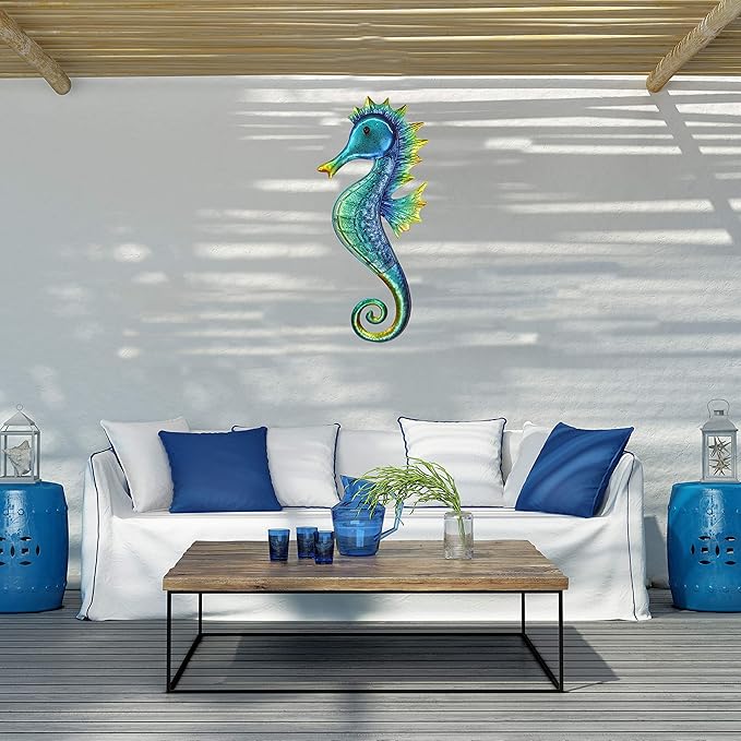 JOYBee 18inch Metal Large Seahorse Wall Art Decor,Christmas Decorations,Bathroom Ocean Glass Art Outdoor Hanging Beach Theme Decorations for Outdoor Indoor Kitchen Garden Patio,Porch or Fence