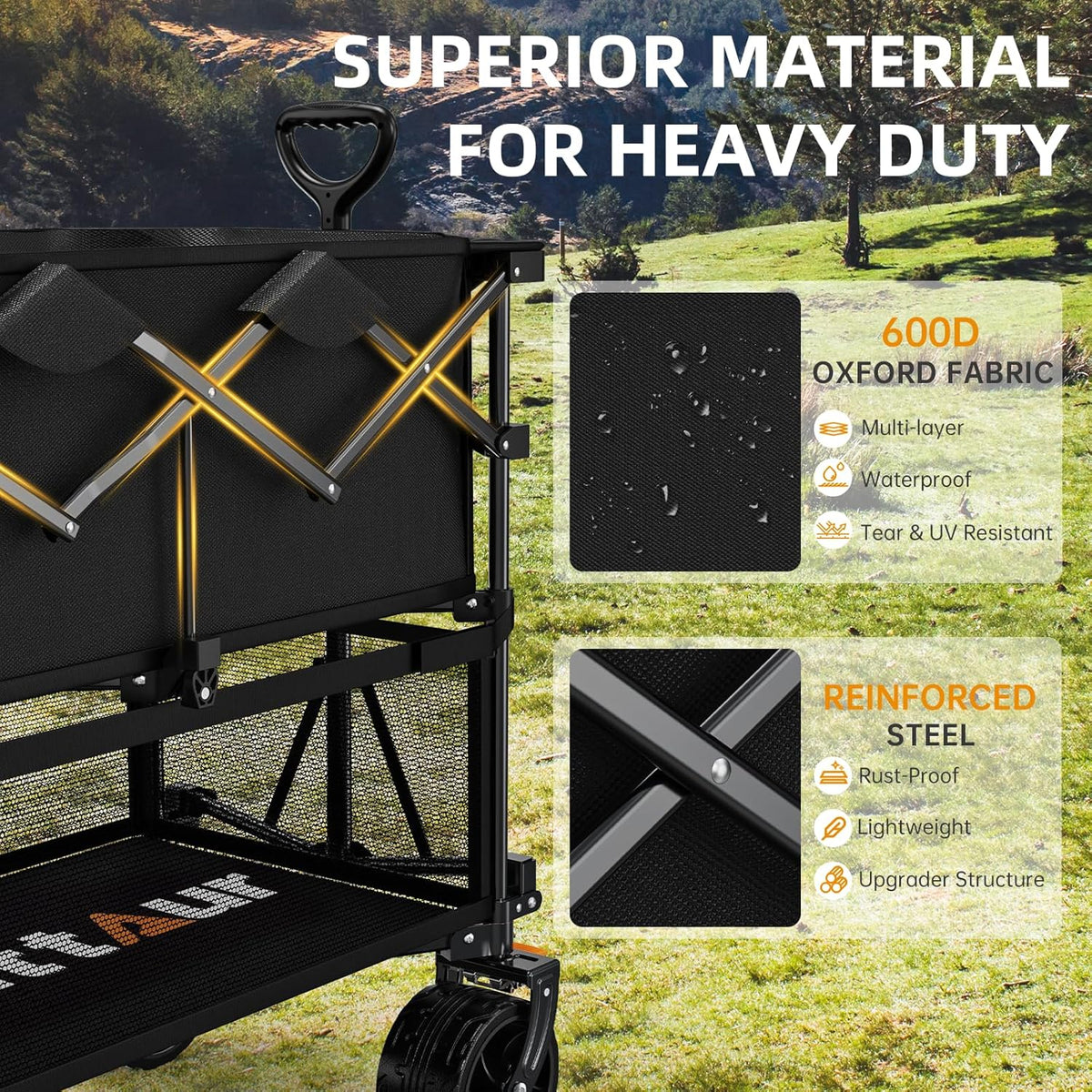 Foldable 50''L Extra Long Double Decker Wagon for Sport, 400L Collapsible Heavy Duty Wagon Cart with Big Wheels, Utility All-Terrain Large Extender Cart for Outdoors