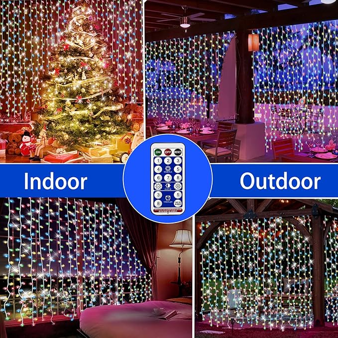 2 Pack Solar Curtain Lights Remote Control, Outdoor Garden Lights 300 LED 8 Modes Waterproof Solar Waterfall Fairy String Lights Decoration for Patio Garden Party Wedding (Multicolor 2 Pack)