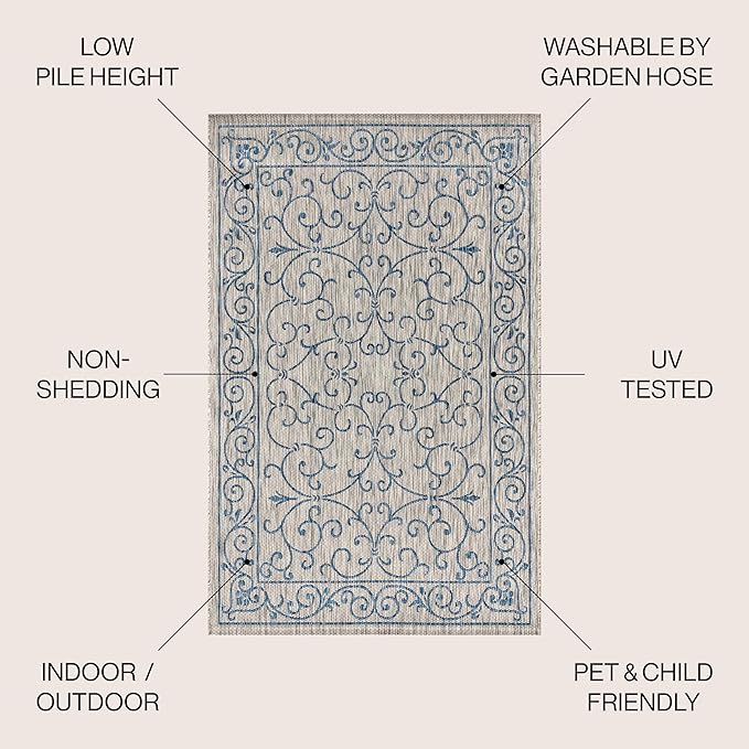 JONATHAN Y SMB106C-9 Charleston Vintage Filigree Textured Weave Indoor Outdoor Area Rug Classic Coastal Easy Cleaning Bedroom Kitchen Backyard Patio Non Shedding, 9 X 12, Gray/Navy