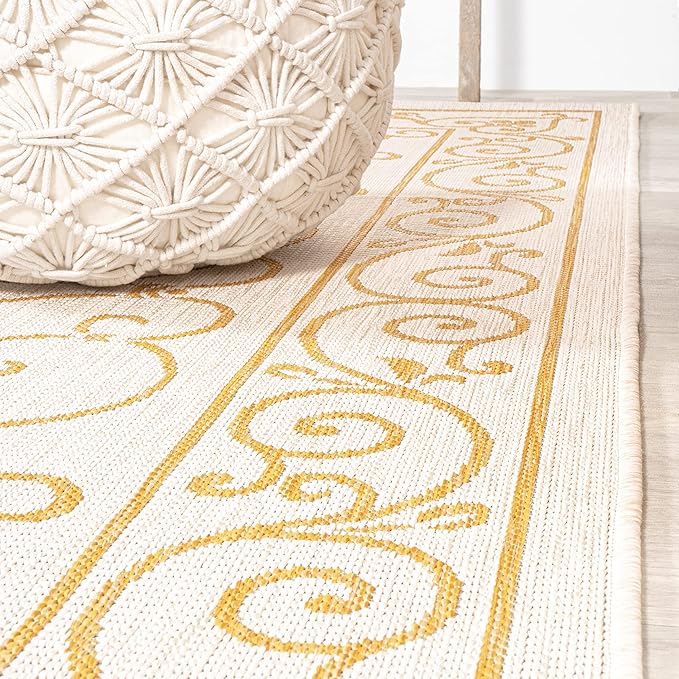 JONATHAN Y SMB106M-210 Charleston Vintage Filigree Textured Weave Indoor Outdoor Runner Rug, Classic,Traditional,Transitional Easy Clean,Bedroom,Kitchen,Backyard,Patio, Non-Shed, Cream/Yellow, 2 X 10