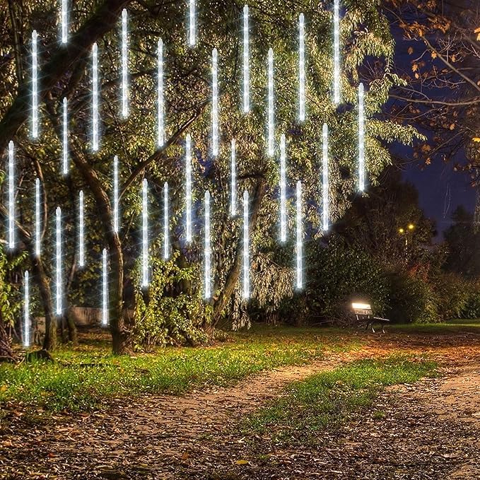 Dazzle Bright 864 LED Christmas Light, Meteor Shower Rain Lights 11.8 Inch 24 Tubes, Waterproof Plug in Falling Rain Lights Christmas Decorations for Xmas Bushes Tree Yard Party (White)