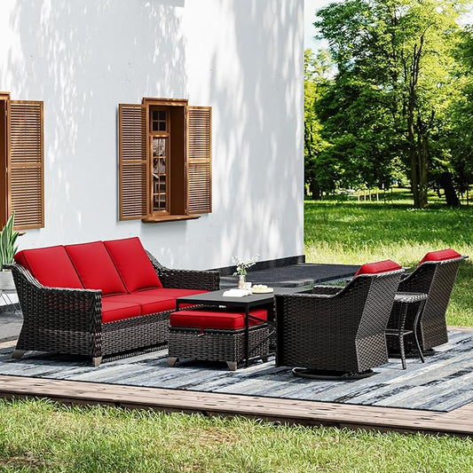 Joyside Wicker Patio Furniture Sets, 7 Pieces Upgraded Large Size Outdoor Furniture with Swivel Rocking Patio Chairs, 3-Seat Sofa, Outdoor Ottoman and Coffee Table, Thick Cushions, Wide Armrest