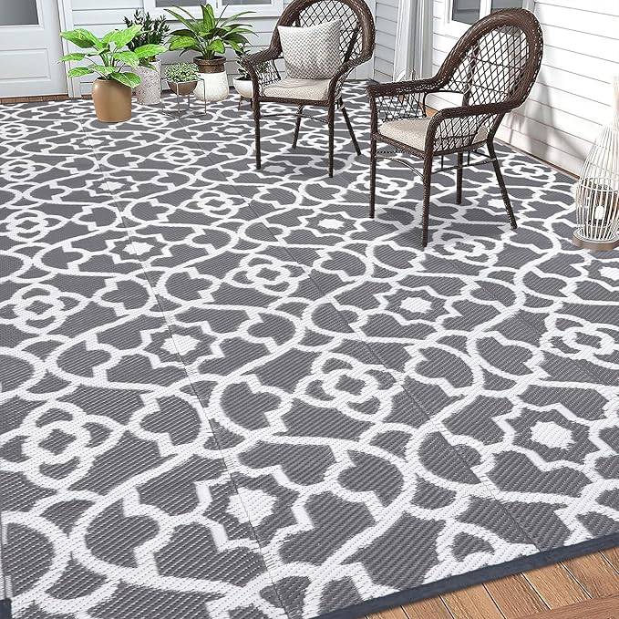 HEBE Outdoor Rug Waterproof 8x10, Plastic Straw Rug Camping Rug, Reversible Outdoor Patio Rugs RV Mat Clearance, Indoor Outside Floor Carpet for Porch,Deck,Camper,Balcony,Backyard