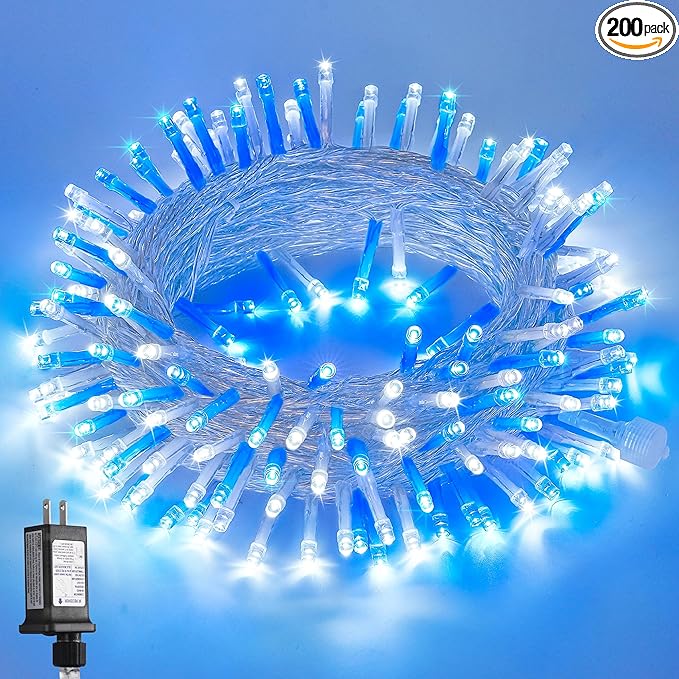 JMEXSUSS Blue and White String Lights Outdoor Indoor, 200 LED Christmas String Lights Clear Wire, 66ft Christmas Lights Plug in for Bedroom Tree Room Party Decorations