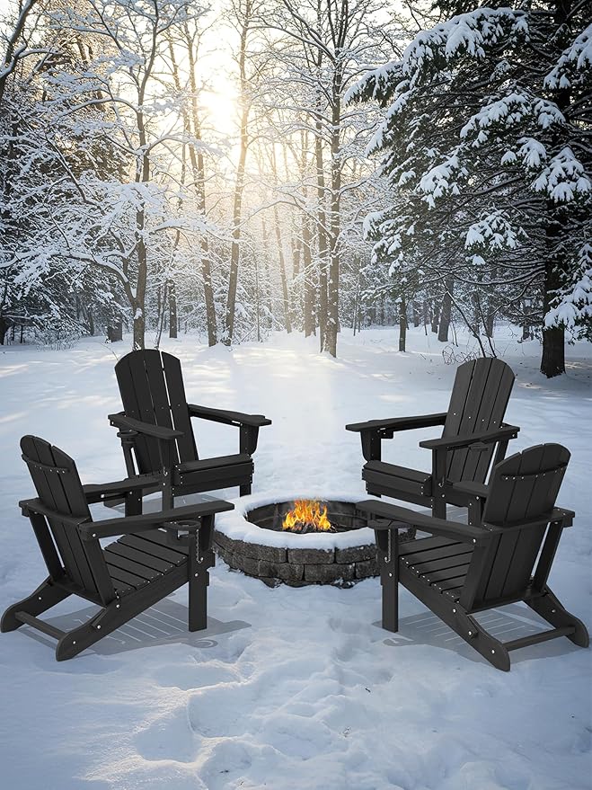 KINGYES Folding Adirondack Chair with Dual Cup Holders - HDPE All-Weather Outdoor Chairs, Black