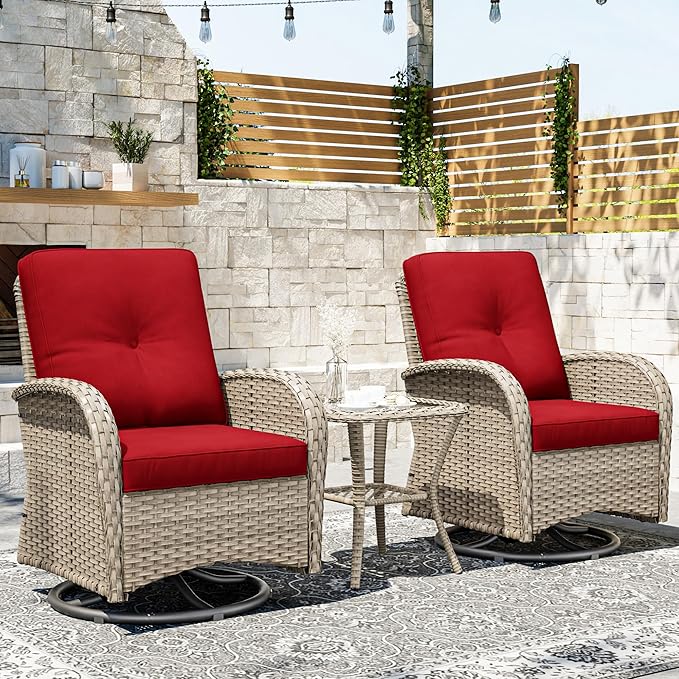 Joyside Outdoor Swivel Rocker Chairs, 3 Piece Wicker Patio Set with Thick Cushion and Side Table, Rattan Patio Swivel Rocking Chairs for Porch, Deck Use (Natural/Red, 3 PCS)