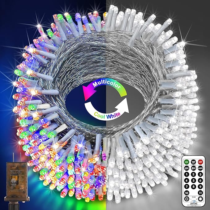 KNONEW 197FT 500 LED Christmas String Lights Outdoor Color Changing 11 Modes Timer Fairy Light Plug in Waterproof Lights for Xmas Tree Yard Wedding Decorations (Cool White to Multicolor)