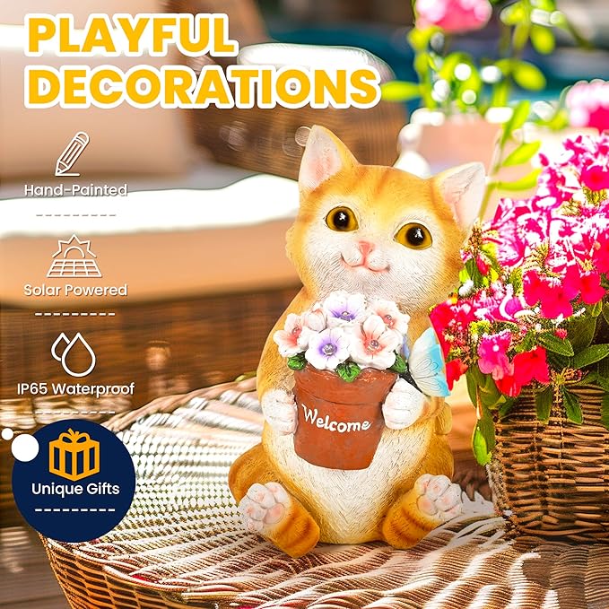 GIGALUMI Solar Garden Decor Flower Pot Cat Statues Outdoor, Birthday Gifts for Women, Gifts for Mom Grandma Senior Elder, Elephant Ornament for Balcony, Garden, Patio, Yard, Lawn