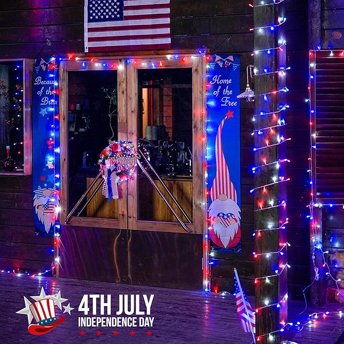 JMEXSUSS 4th of July Decorations Red White and Blue Lights, 33ft 100 LED String Light Indoor Plug-in, 8 Modes Patriotic 4th of July Lights for Indoor Outdoor Independence Day American Flag Holiday