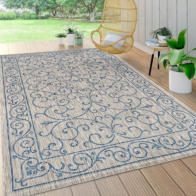 JONATHAN Y SMB106C-9 Charleston Vintage Filigree Textured Weave Indoor Outdoor Area Rug Classic Coastal Easy Cleaning Bedroom Kitchen Backyard Patio Non Shedding, 9 X 12, Gray/Navy