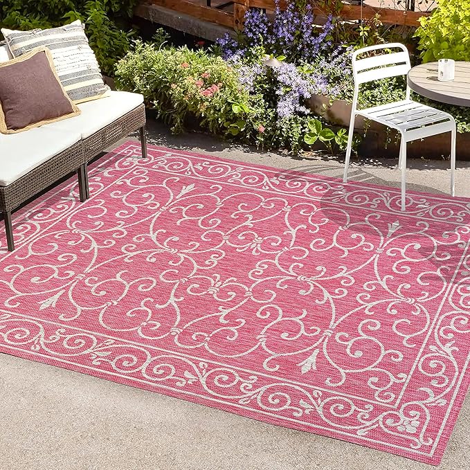 JONATHAN Y SMB106J-4 Charleston Vintage Filigree Textured Weave Indoor Outdoor Area Rug, Classic Traditional Easy-Cleaning,Bedroom,Kitchen,Backyard,Patio,Non Shedding, 4 X 6, Fuchsia/Light Gray