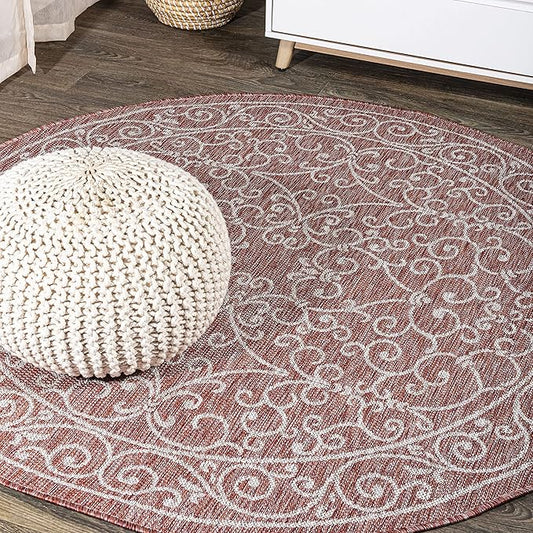 JONATHAN Y SMB106B-9R Charleston Vintage Filigree Textured Weave Red/Beige 9' Round Indoor/Outdoor Area Rug, Pet Friendly, Non-Shedding, Stain Resistant, Easy-Cleaning for Backyard, Patio, Porch