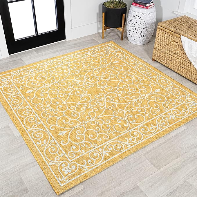 JONATHAN Y SMB106L-5SQ Charleston Vintage Filigree Textured Weave Indoor Outdoor Area Rug, Classic Traditional Transitional Easy Cleaning,Bedroom,Kitchen,Backyard,Patio, Yellow/Cream, 5' Square