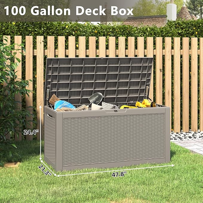 KAMABOKO 101 Gallon Waterproof Large Resin Deck Box, Lockable Large Outdoor Storage Boxes Indoor Outdoor Storage Container for Patio Cushions, Gardening Tools, Pool Supplies, Grey