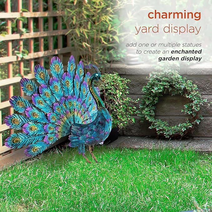 Alpine Corporation - 23" Tall Outdoor Metallic Peacock Tail Spread Yard Statue – Vibrant Garden Sculpture for Patio, Lawn, or Entryway (Multicolor)