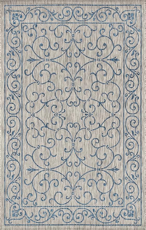 JONATHAN Y SMB106C-9 Charleston Vintage Filigree Textured Weave Indoor Outdoor Area Rug Classic Coastal Easy Cleaning Bedroom Kitchen Backyard Patio Non Shedding, 9 X 12, Gray/Navy