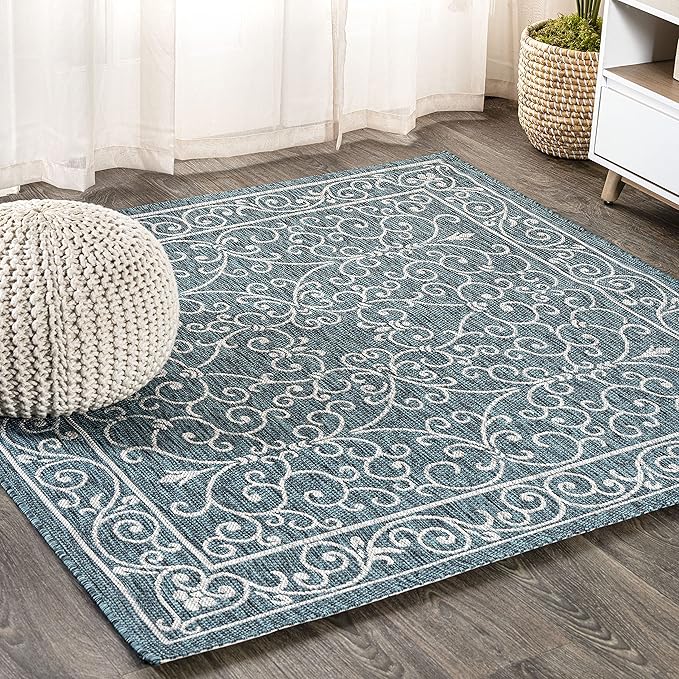 JONATHAN Y SMB106F-8SQ Charleston Vintage Filigree Textured Weave Teal/Gray 8' Square Indoor/Outdoor Area Rug, Pet Friendly, Non-Shedding, Stain Resistant, Easy-Cleaning for Backyard, Patio, Porch