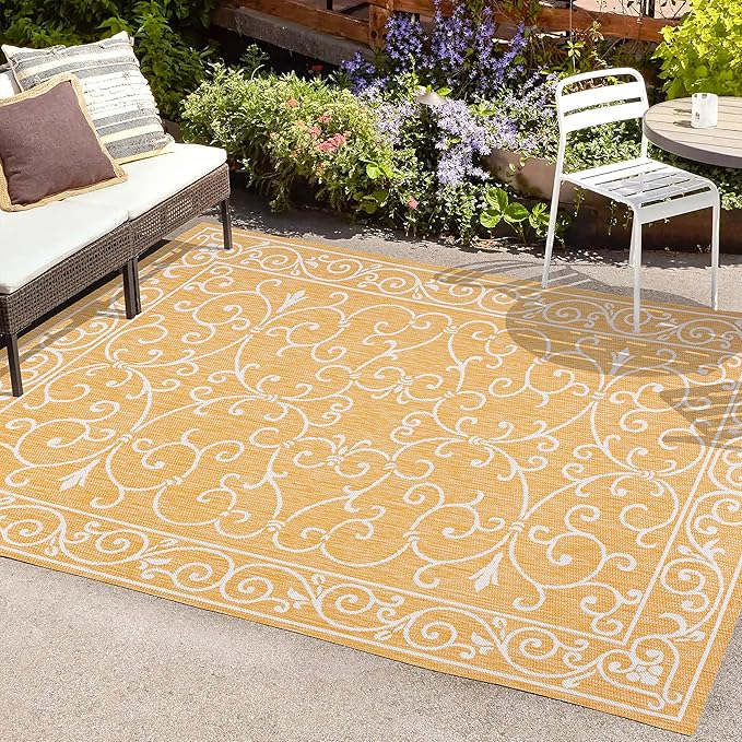 JONATHAN Y SMB106L-3 Charleston Vintage Filigree Textured Weave Indoor Outdoor Area Rug, Classic Traditional Easy-Cleaning,Bedroom,Kitchen,Backyard,Patio,Non Shedding, 3 X 5, Yellow/Cream