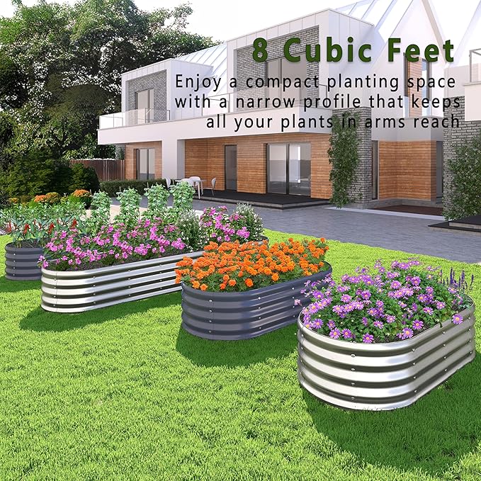 KFN 2PCS 12x1.8x1FT Galvanized Raised Garden Bed,Raised Garden Bed Kit-Oval Metal Vegetable Box,Large Planter Flower Boxes Outdoor,Planting for Vegetables,Flower,Herb,Grey,0.7mm