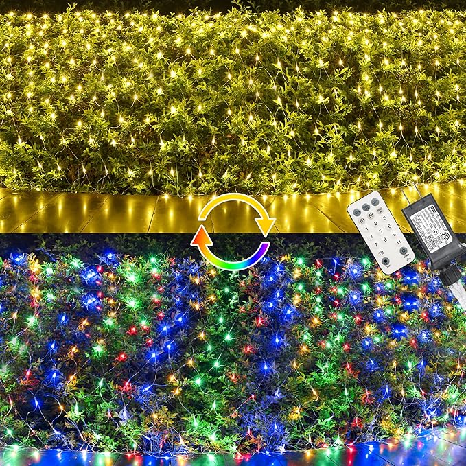 12ft x 5ft 360 LED Christmas Net Lights, 11 Modes 30V Christmas Net Lights, Warm White-Multi Color Changing Mesh Decorative Net Lights for Xmas Tree Bush Wedding Garden Outdoor Indoor Decor